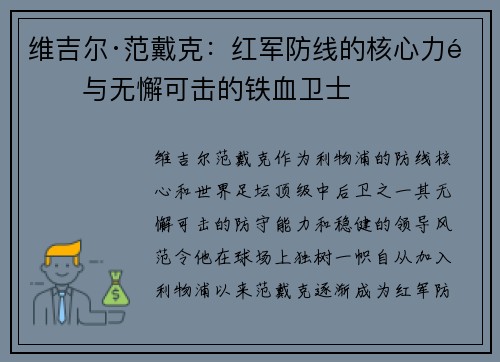 维吉尔·范戴克：红军防线的核心力量与无懈可击的铁血卫士