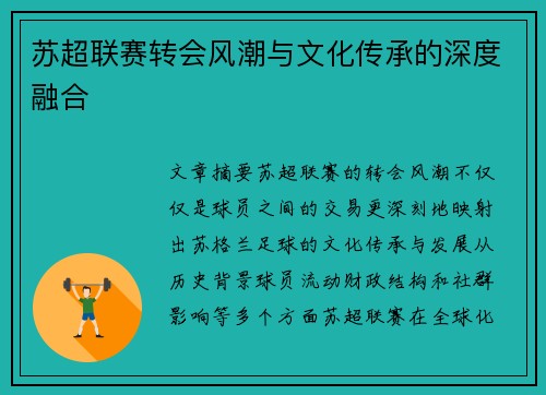 苏超联赛转会风潮与文化传承的深度融合