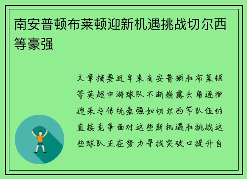 南安普顿布莱顿迎新机遇挑战切尔西等豪强
